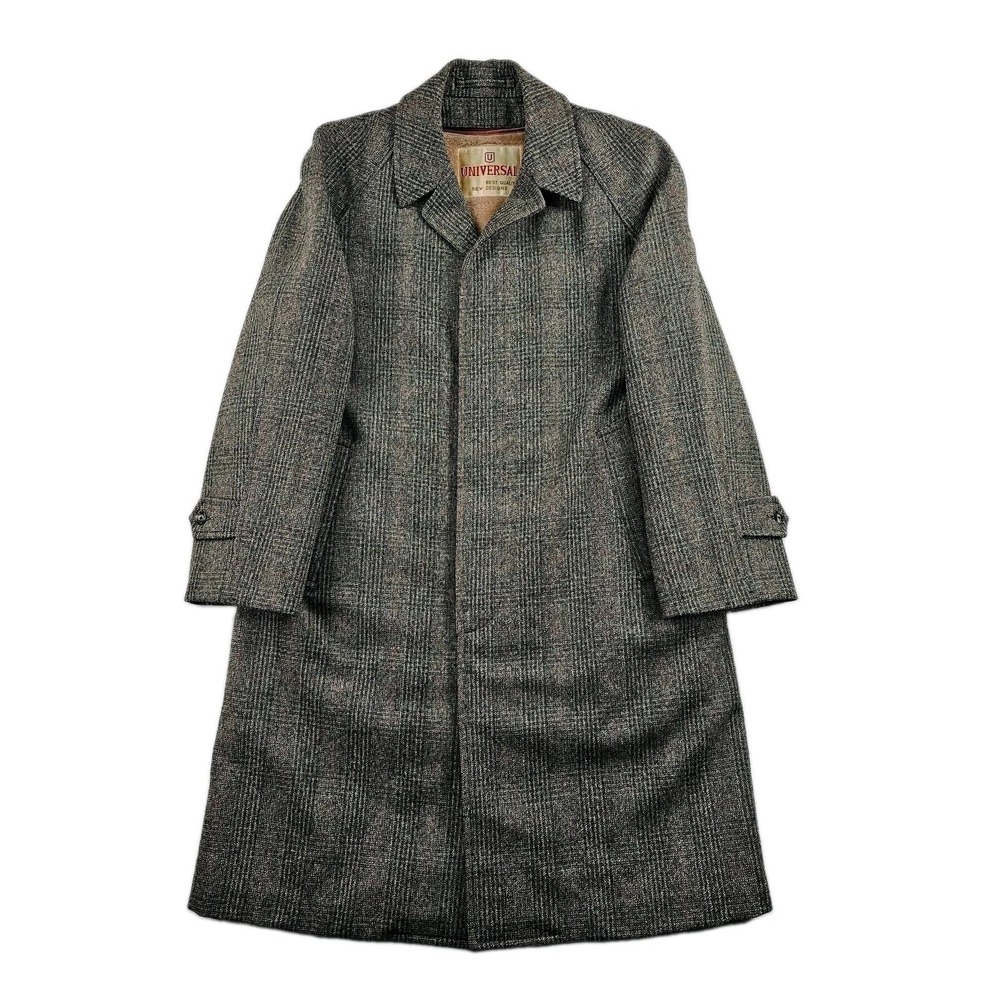 Vtg 80's Universal Tweed Balmacaan Raglan Coat 40S Tartan Plaid Zip Liner Fleck